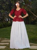 Cotton Silk Maroon Casual Wear Printed Readymade Skirt With Top